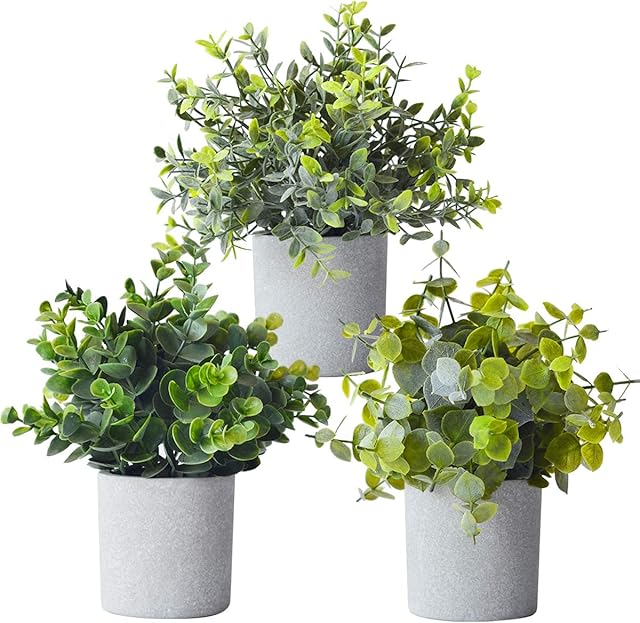 Mr.Bom Mini Potted Artificial Plants Fake Desk Plants Fake Small Eucalyptus Greenery Plastic Faux Plants in Pots Artificial Plants for Decoration to Create a Real Fresh Scene Set of 3