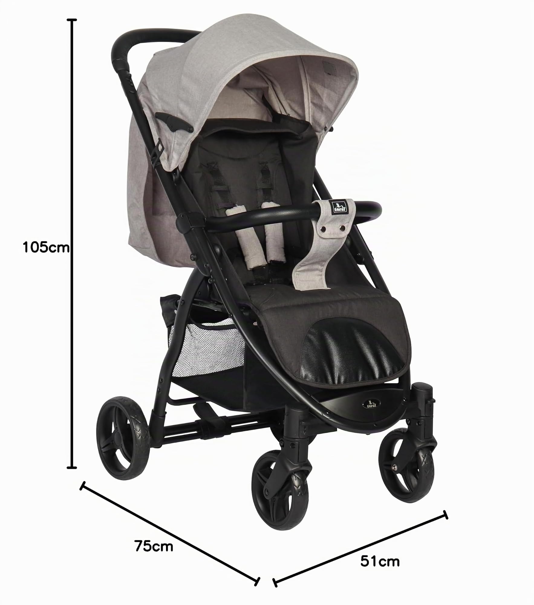 Toral Silla de Paseo Ligera Modelo Atenas hasta 22 kilos - Silla Paseo Ligera o Carrito bebe con Arnés, Respaldo Reclinable y con Capota Ajustable - Carro Bebe Color Gris