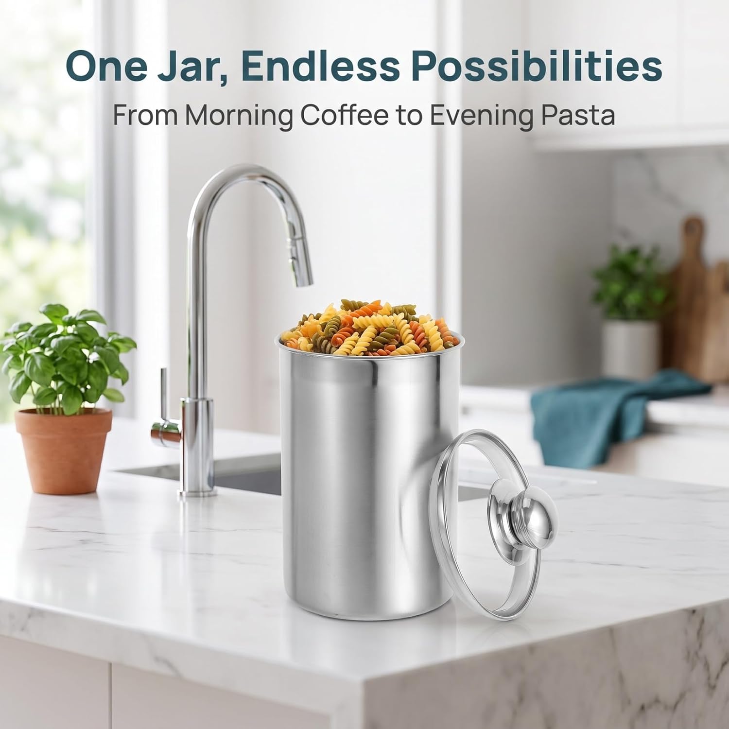 Cabilock Stainless Steel Canister with Glass Lid, 60oz Storage Jar
