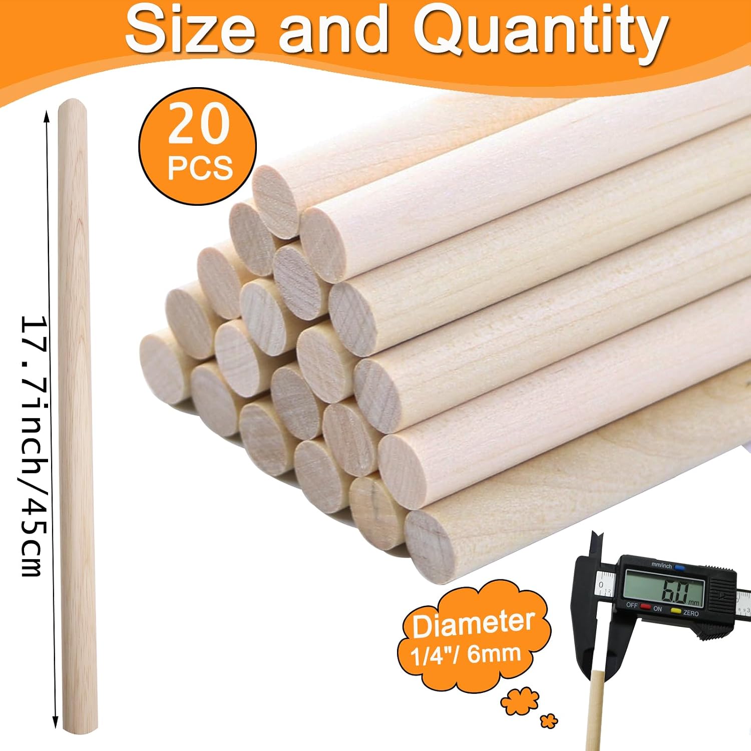 Yaliuliu 1/4 x 17.7 Inch 20PCS Wood Dowel Rods, Round Solid Wooden Dowels Craft Sticks, Unfinished Wood Natural Hardwood Rods for Crafts Arts and DIYers
