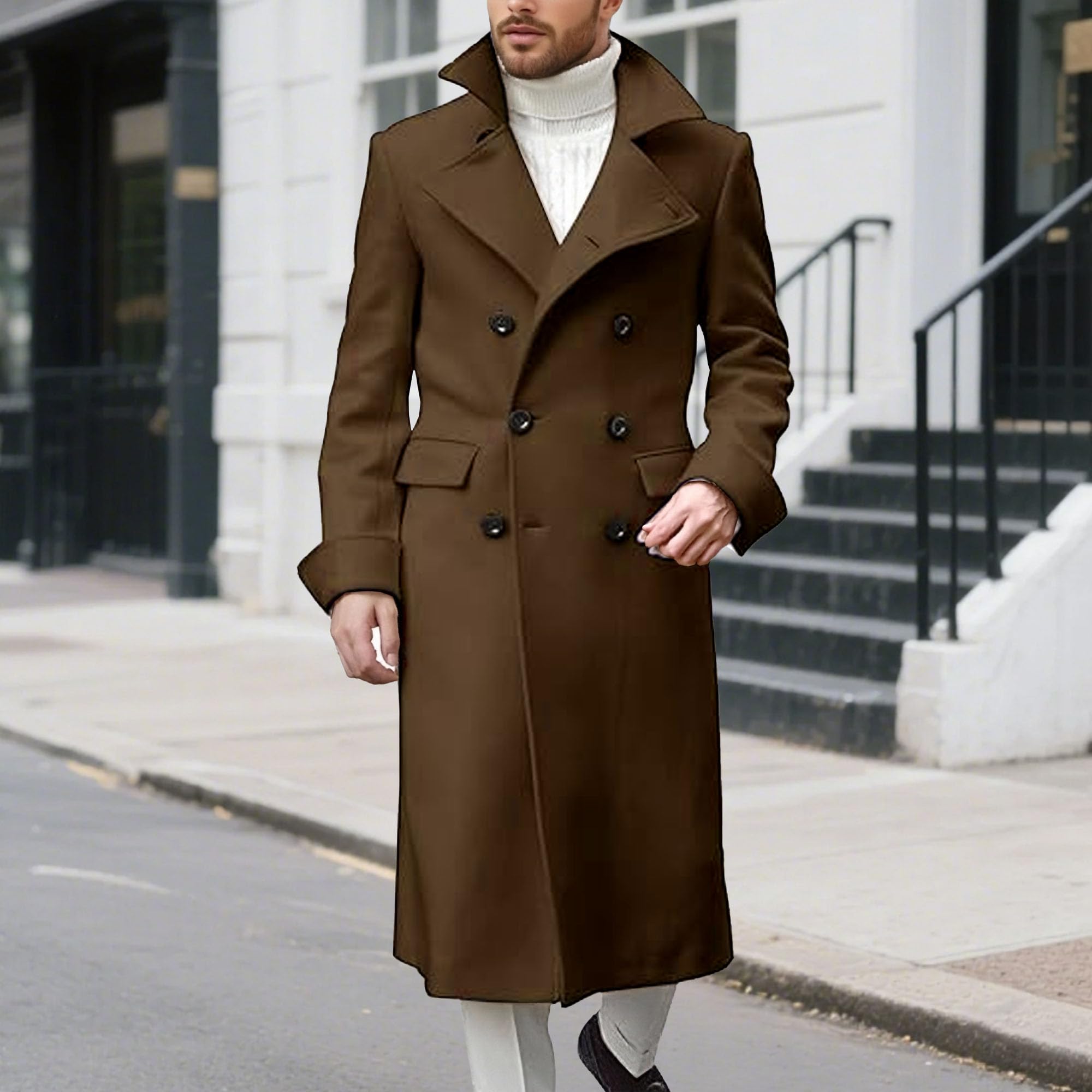 Cappotto lungo da uomo con revers a lancia, doppiopetto, vestibilità slim, casual, primaverile, invernale, caldo e morbido
