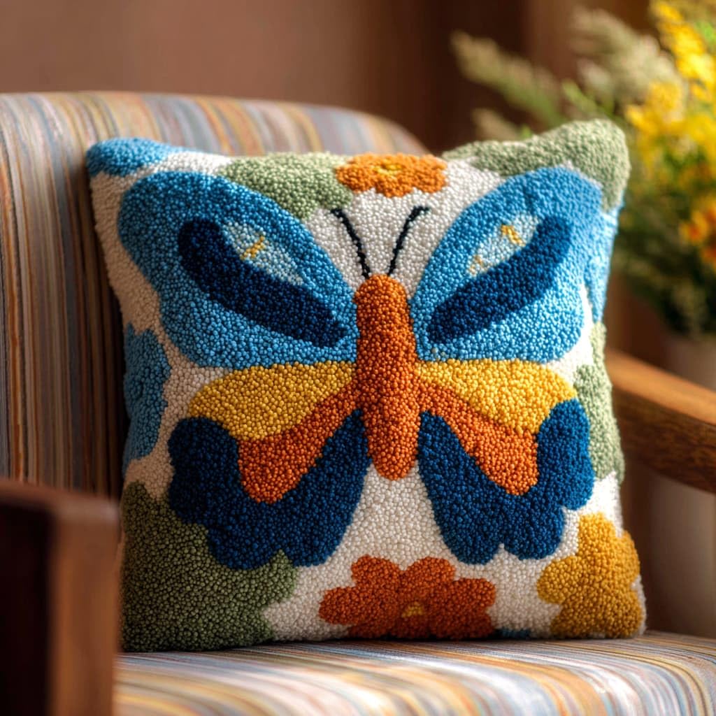 Taxpy Latch Hook Cushion Kits 17X17Inch, Animals Butterfly Latch Hook Pillow Case Kits Embroidery Kit, DIY Needlework Pillow Cover Cushion Rug Making Kit