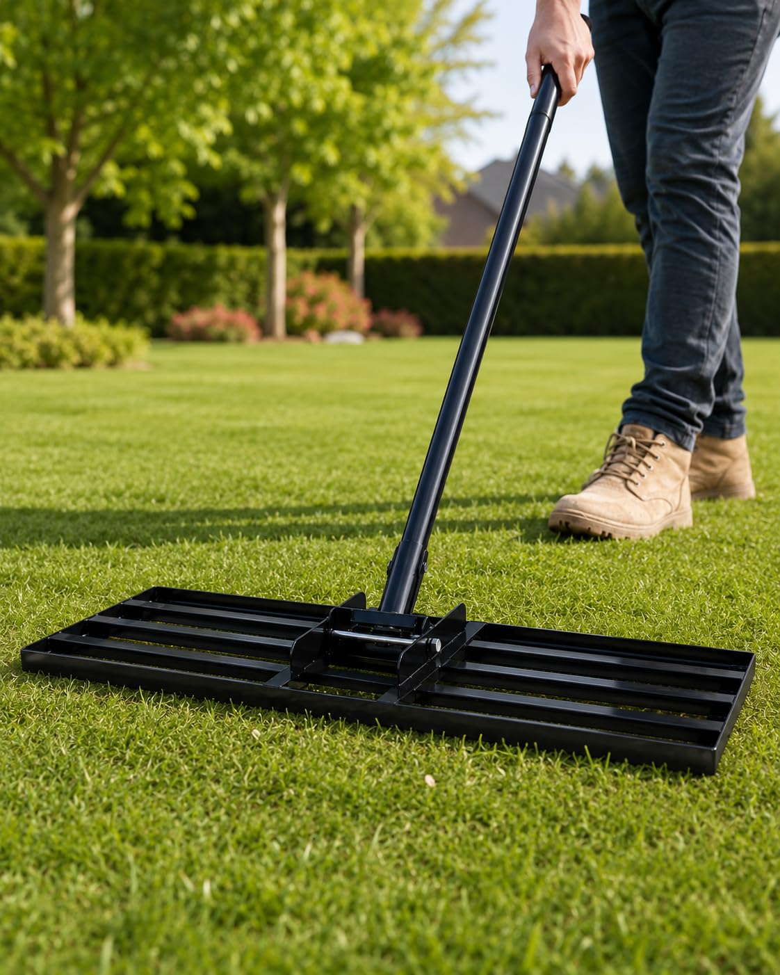 Rasen Rakel 90×30 cm mit 190 cm 3-teiligem Stiel, 6 kg Stabiler Gardena Nivellierrechen mit abgerundeten Kanten, ideal für Rasenpflege, Topdressing und Rasenabziehen