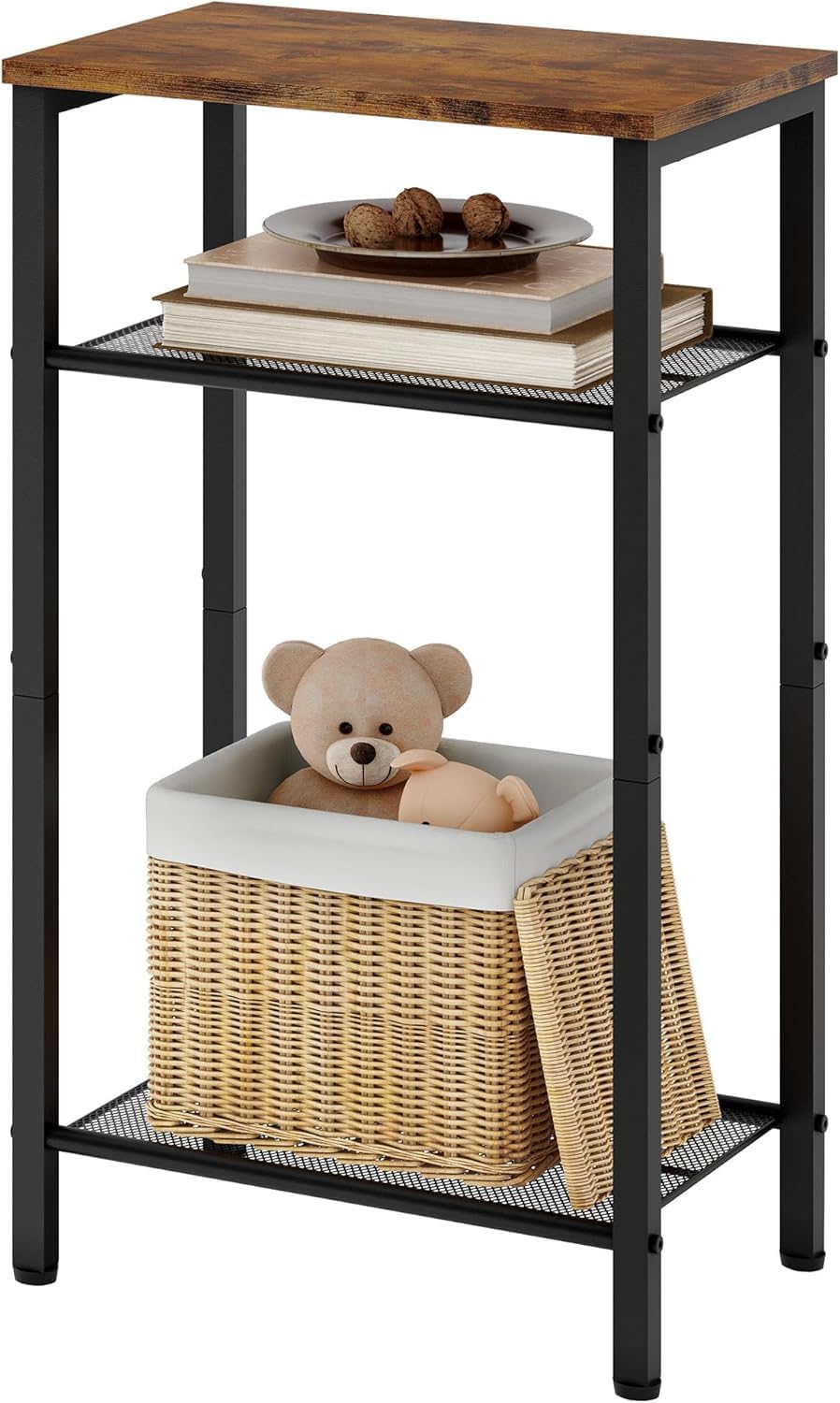 AJEETSARIYA FURNITURE Narrow 3-Tier End Table, Industrial Nightstand with Mesh Shelves, Small Space Side Table for Living Room, Slim Entryway Accent Furniture (Black)-picture-20