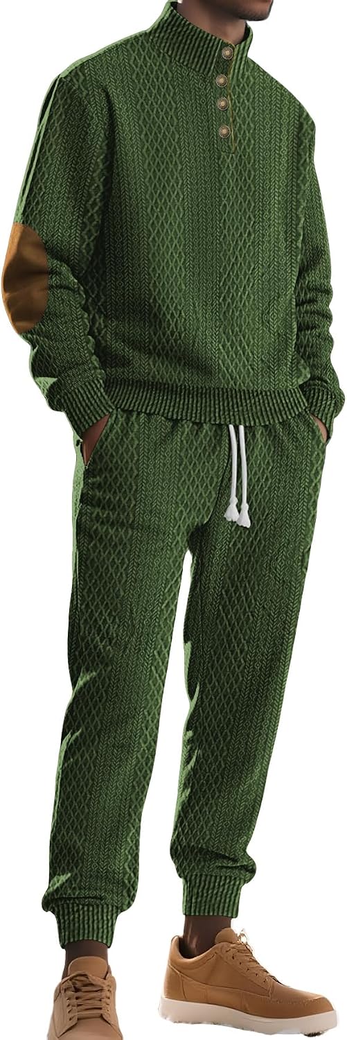 Mens Textured Knit Tracksuit Mock Neck Button Top & Drawstring Jogger Set