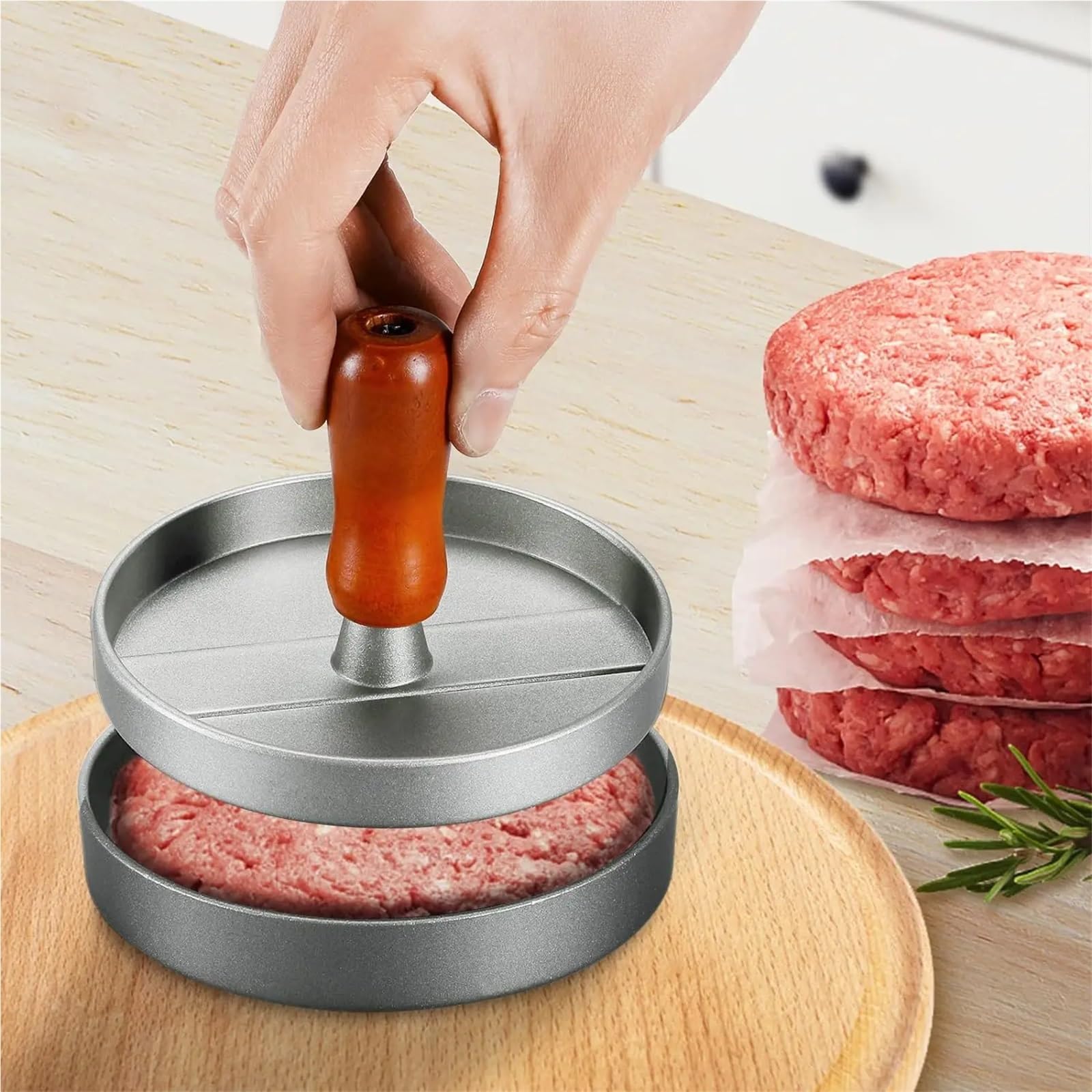 Hamburger-Patty-Maker, Burgerpresse Patty Maker Edelstahl Hamburgerform Holzgriff antihaftbeschichtet mit 100 Papieren