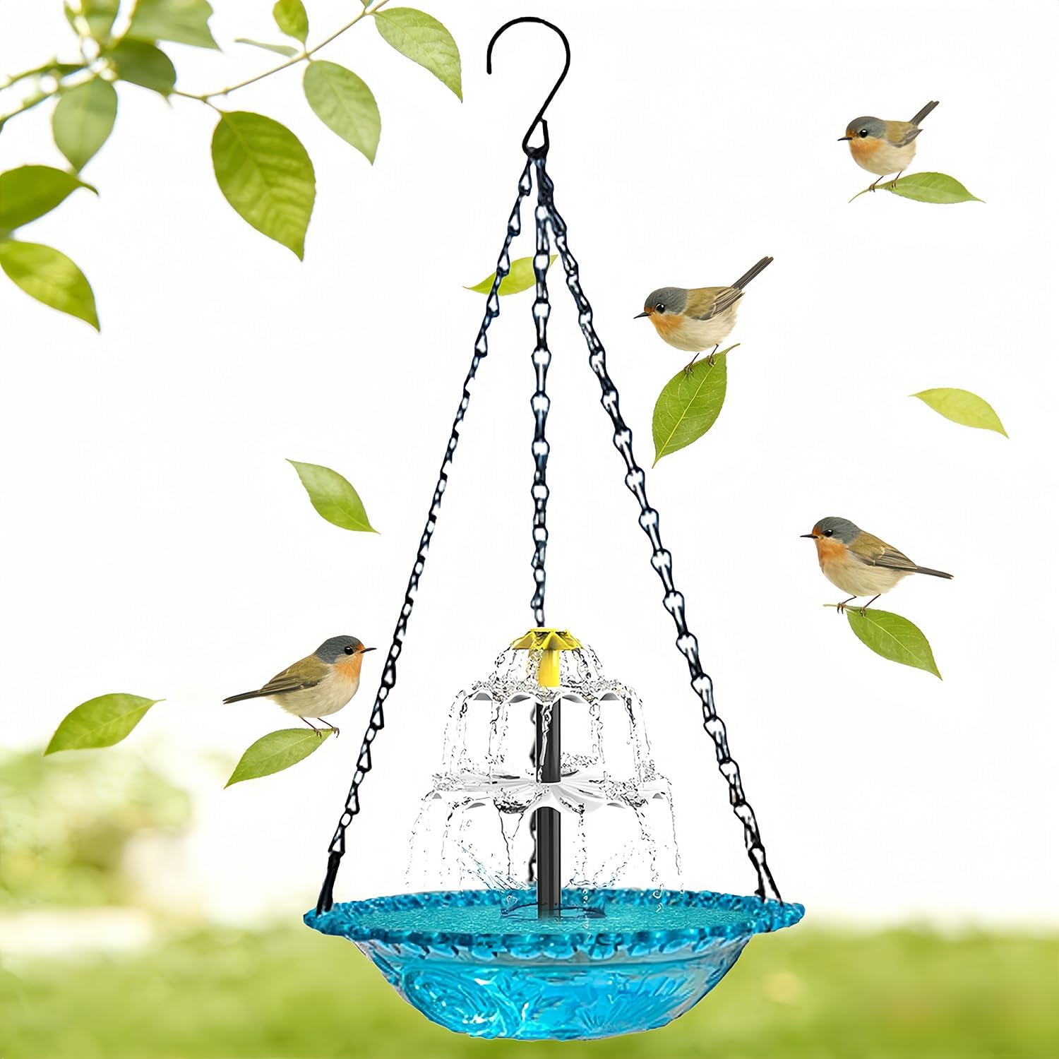 Solar Cascade Hanging Bird Bath Fountain, Outdoor Hanging 9.84''W Bird Bath with Solar Fountain, Weatherproof Hanging Water Feature for Outdoor Garden Backyard Patio Lawn (Three-Tier Fountain)
