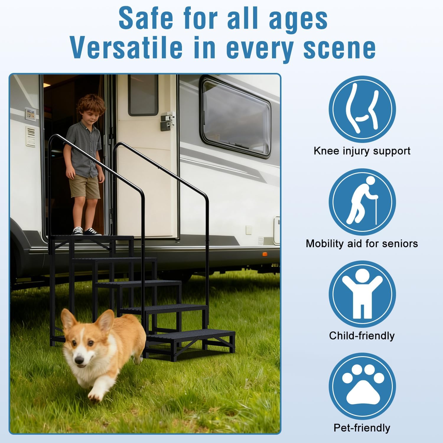 RV Steps with Handrail, 5 Steps RV Stair, Mobile Home Stairs for Camper, Trailer, hot tub, Steps with Non-Slip mat, 660lbs Capacity