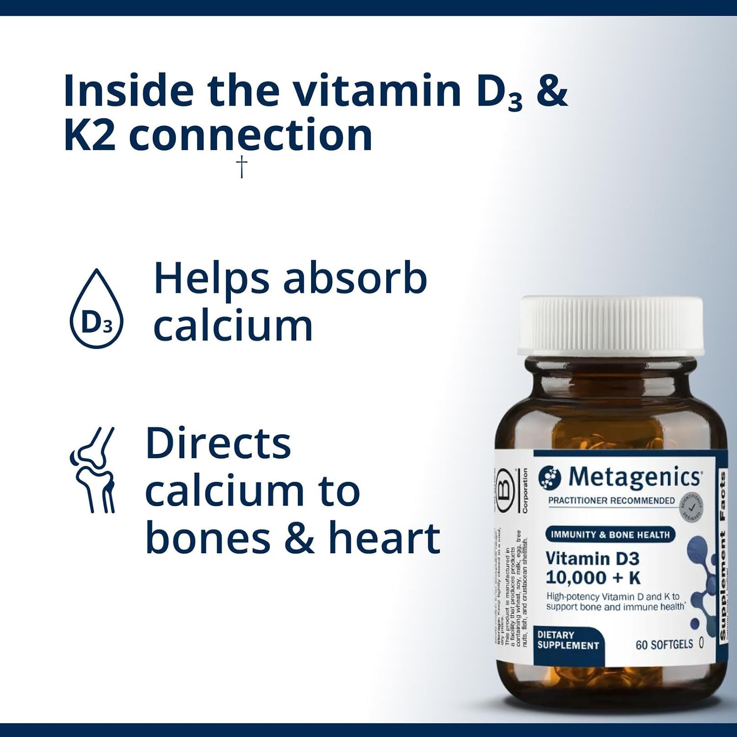 Metagenics Vitamin D3 + K - for Artery Health, Immune Support, Bone & Heart Health* - Vitamin D with MK-7 (Vitamin K2) - Non-GMO - Gluten-Free - 60 Softgels - 10,000 IU thumbnail