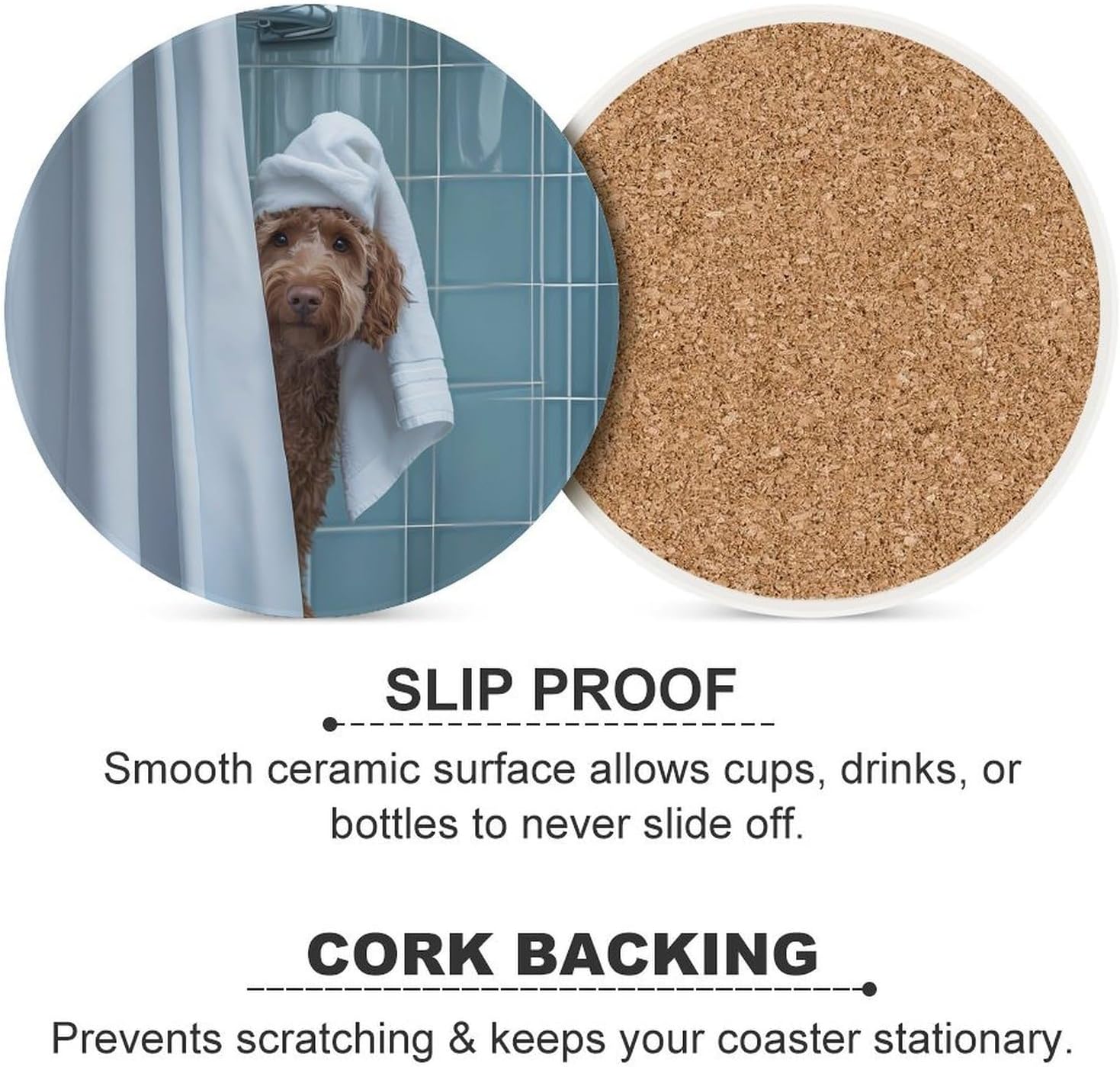 Bath Labradoodle Round Ceramic Coasters for Drinks Absorbent Cup Holder Tabletop Protector with Cork Base