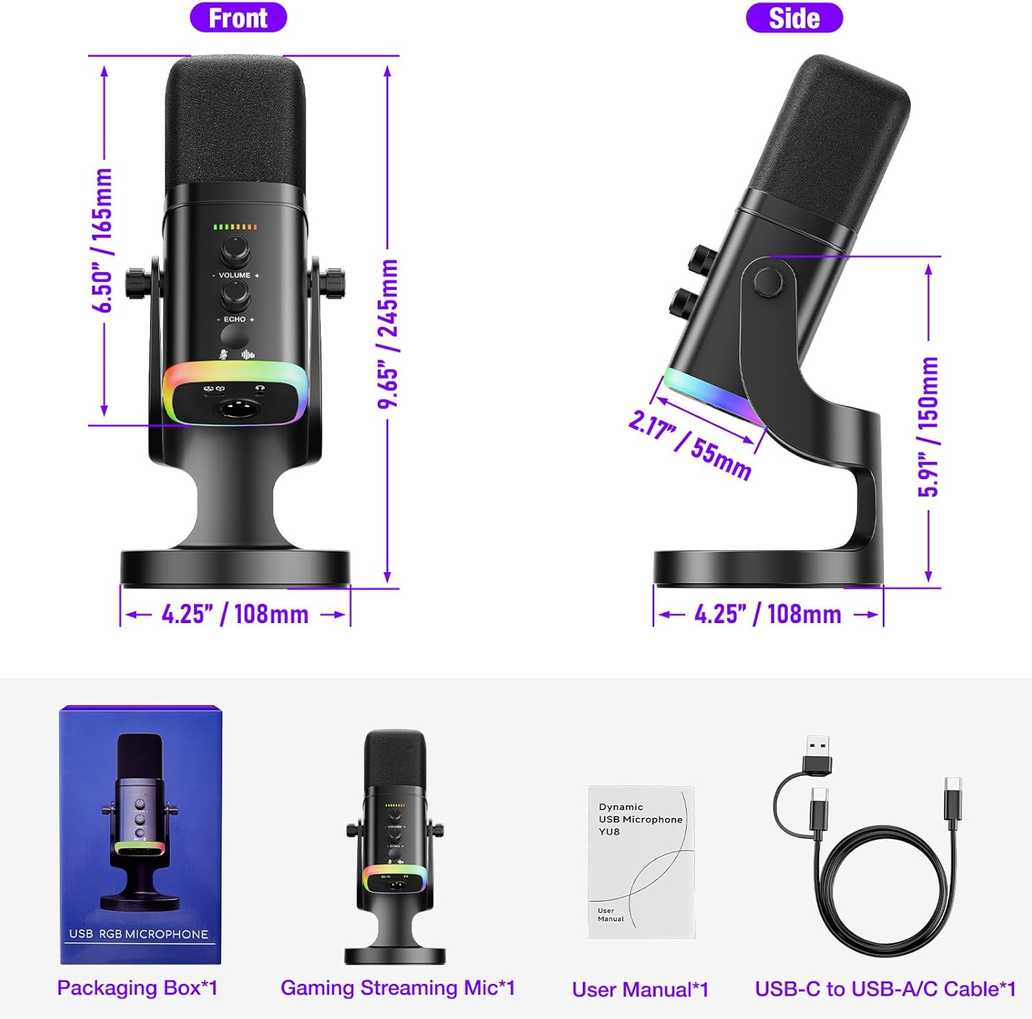 Contents of the Facmogu YU8 microphone package including microphone, stand, USB cable, and user manual.