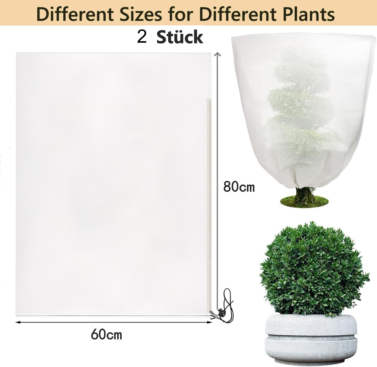 MUYYIKA 60cmX80cm 2pcs Plant Fleece Frost Protection Non-Woven Garden Fleece Frost Protection with Drawstring and Zipper Plant Covers for Winter Garden Winter Protection Fleece for Plants - Image 2
