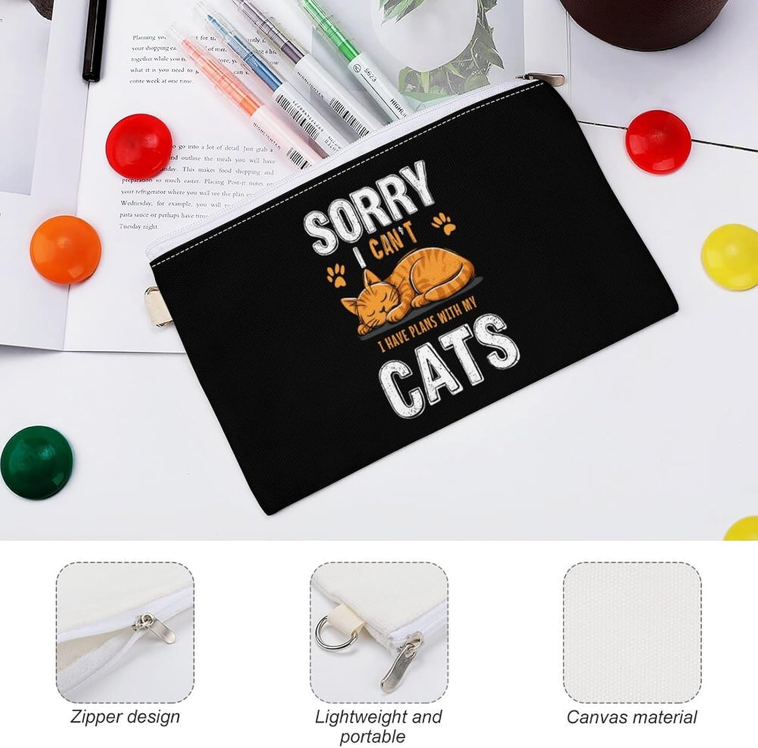 Funny Cat Fashion Coin Purse Change Makeup Bag Canvas Pouch 7.4 × 4.6 Inches
