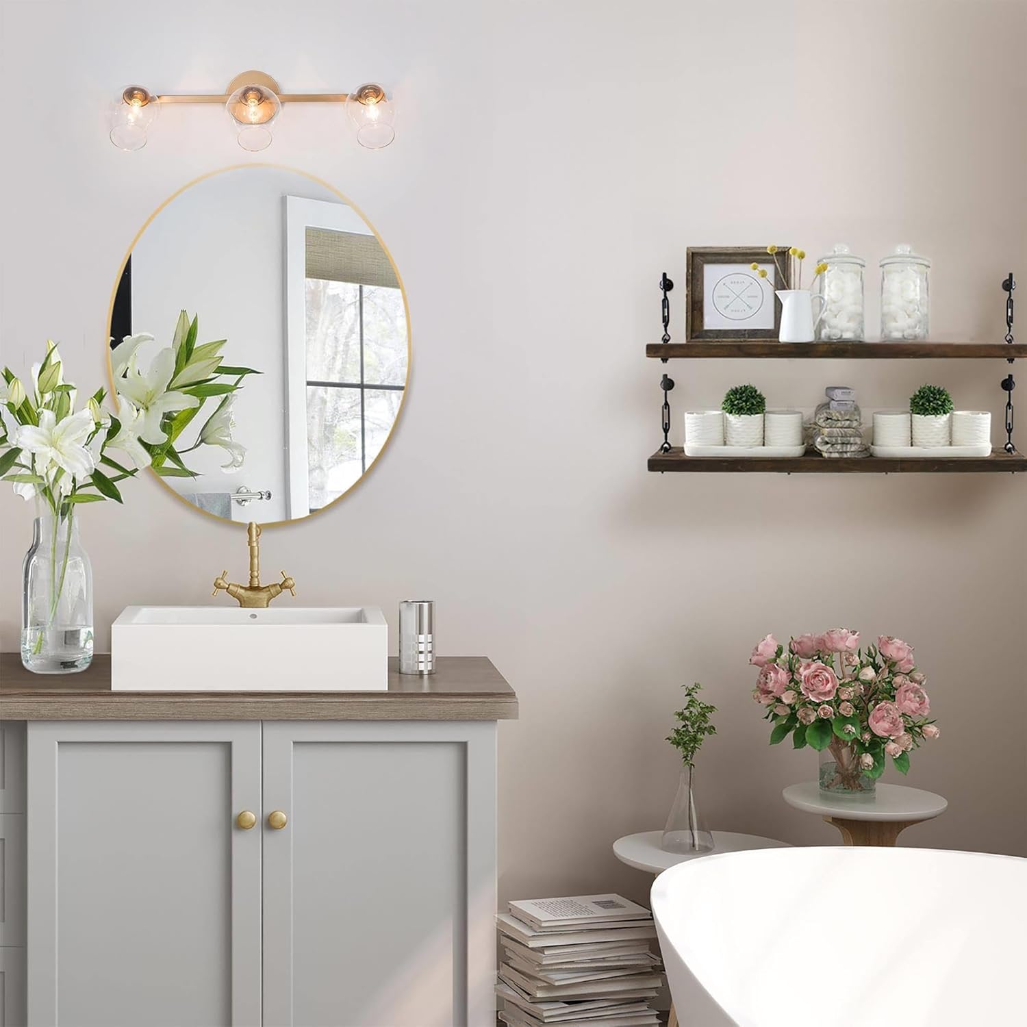 KSANA Gold Bathroom Vanity Light Fixtures, 3-Light Adjustable Vanity Lights for Bathroom with Clear Glass Shade, Modern Bathroom Vanity Lighting Light Fixtures Over Mirror