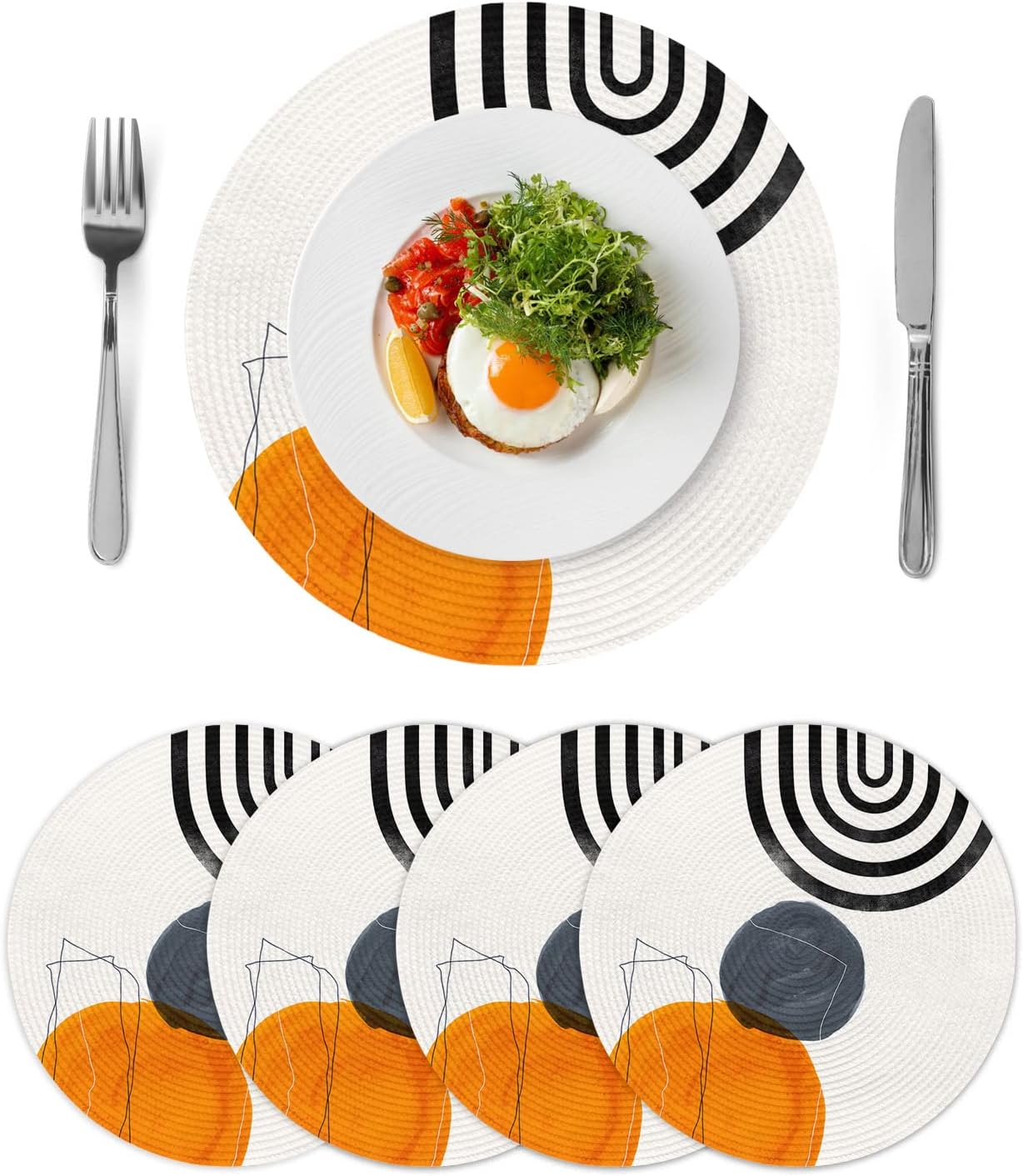 Round Placemats Abstract Mid Century 15 inch Placemats for Dining Tables Boho Modern Geometric Orange Round Table Mats for Kitchen Decoration Set of 4