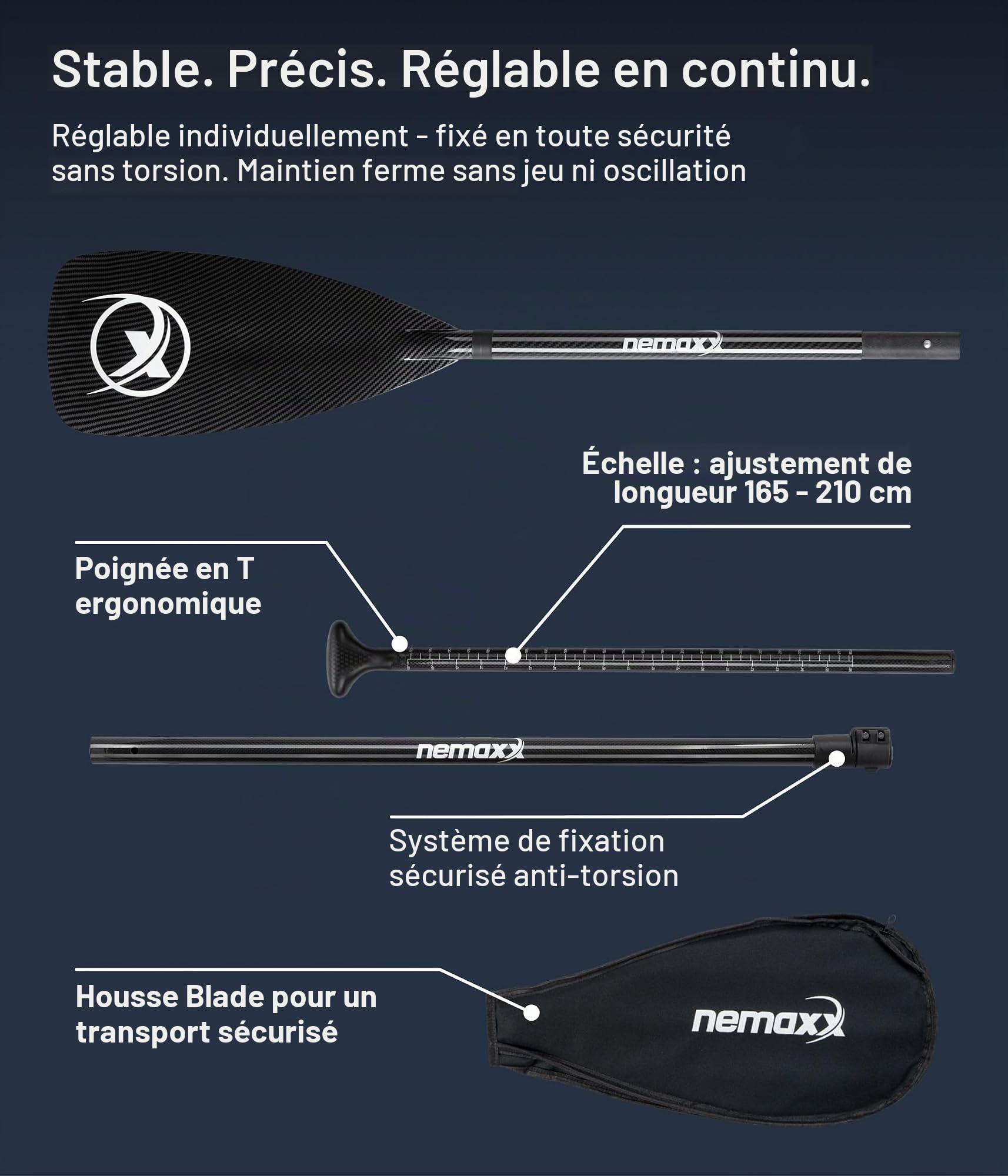 NEMAXX® pagaie Sup – 3 Parties,télescopique réglable,Aluminium/Carbone,Ultra légère,système Anti-Twist/poignée Ergonomique – pour Sup,Kayak,canoë et Bateau Gonflable (différents modèles et Longueurs)