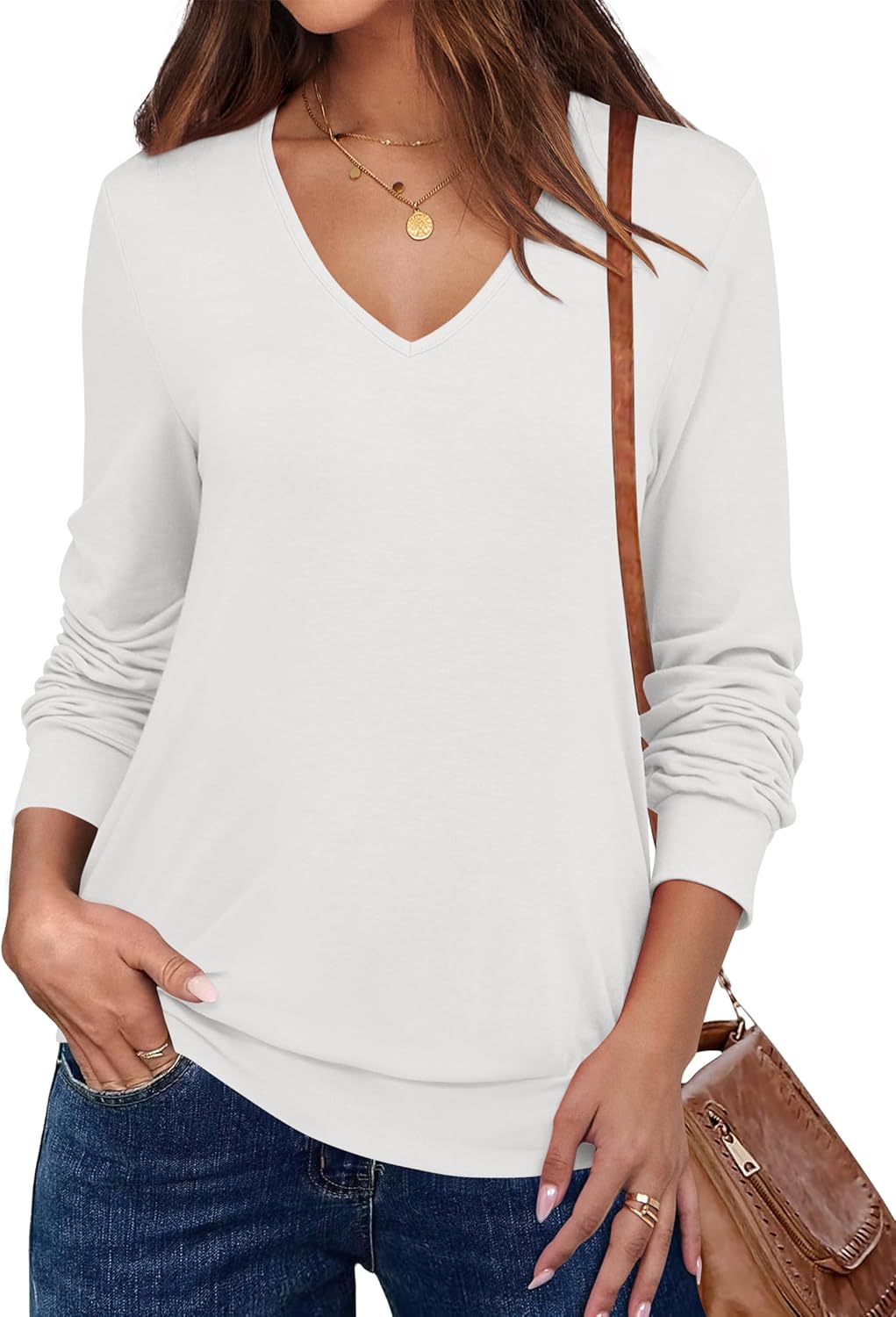 ANRABESS Women's Long Sleeve Shirts Casual Loose V Neck Basic Tees Tops 2025 Fall T-Shirt Outfits White Large