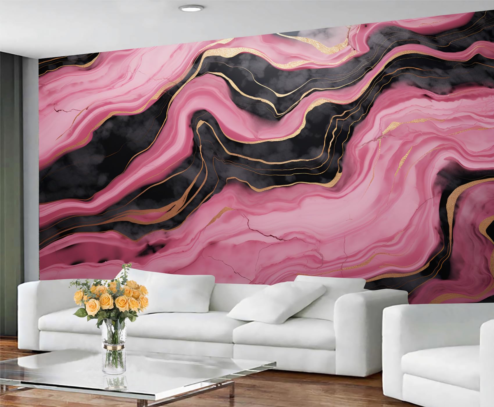 YXQAIED Marble Wallpaper, Girl Pink Bedroom Wallpaper, Black Gold Marble Wall Paper for Living Room, Not Self Adhesive Abstract Geometry Photo 3D Wall Murals & Room Decor, 390x260cm