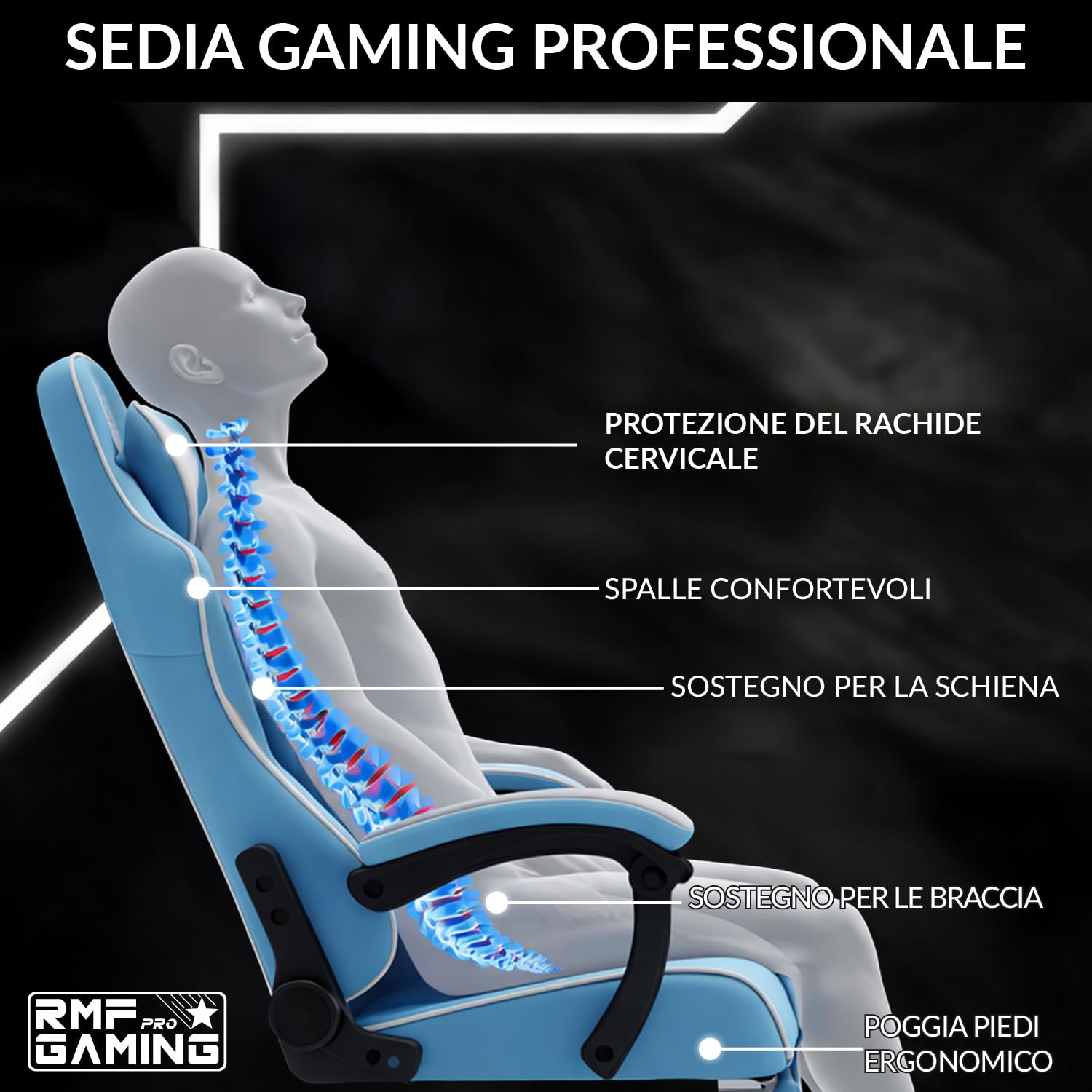 RMF Profesjonalne ergonomiczne krzesło do gier, fotel do gier, wygodne i relaksujące siedzisko z podnóżkiem, krzesło dla gracza z obrotowymi kółkami, regulowana wysokość (jasnoniebieski)