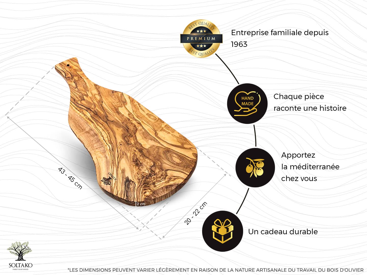 SOLTAKO Planche à Découper en Bois d’Olivier, Rustique avec Manche, pour Fromage, Robuste, Plateau Apéritif, Apéro artisanal (Long. env. 43–45 cm)