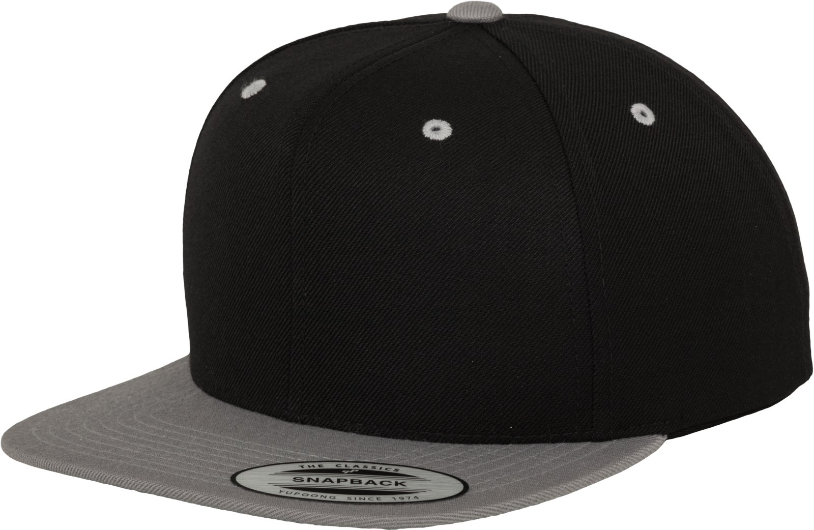 Yupoong Flexfit Unisex Kappe Classic Snapback 2-Tone, zweifarbige blanko Cap mit geradem Schirm, One Size Einheitsgröße für Männer und Frauen, Farbe blk/silver