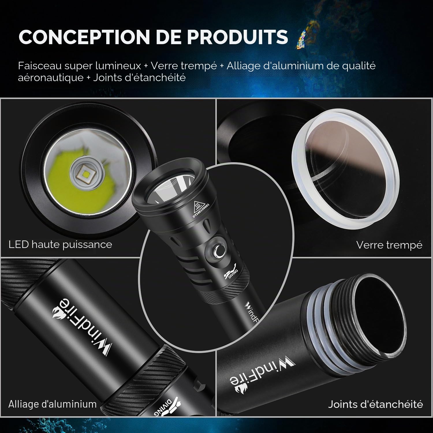 WINDFIRE Lampe de plongée 7 000 lumens lampe de poche de plongée super lumineuse 4 modes lampe de poche sous-marine avec indicateur de puissance, professionnelle lampe de plongée