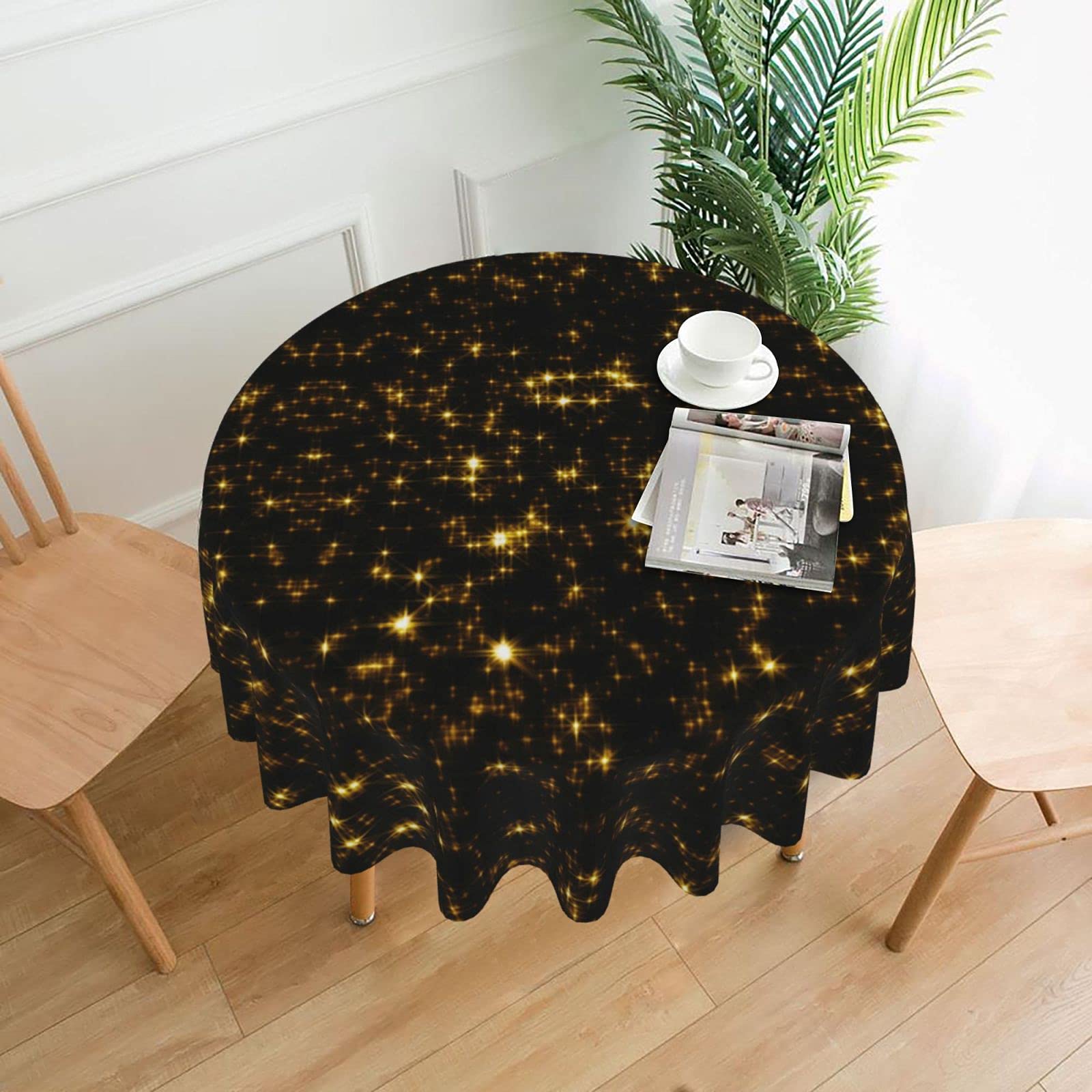 Wksgdsg Gold Black Waterproof Round Tablecloth 152 Cm, Tablecloths For Parties, Farmhouse Wrinkle-Resistant Polyester Table Cover For Indoor/Outdoor Dining Decor, Fits 51-120 Cm Tables