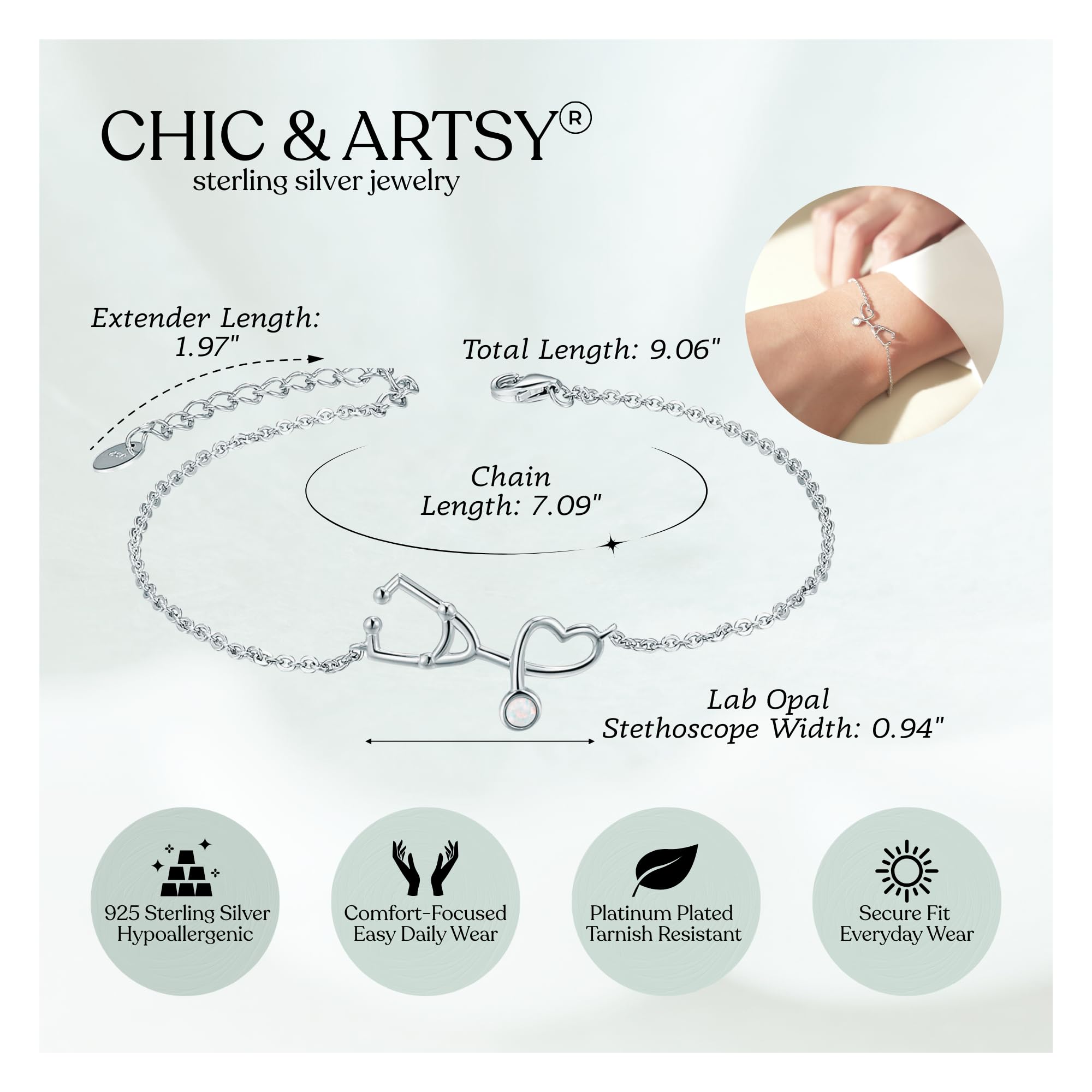 CHIC & ARTSY 925 Delicati braccialetti a maglie in argento sterling 925 con opale regolabile per donne, amicizia tra sorelle