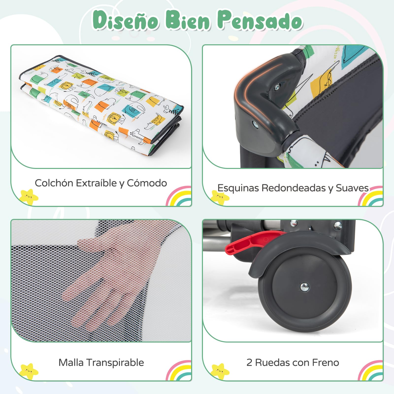 RELAX4LIFE 5 en 1 Cuna Bebé con Colchón, Cambiador, Juguete Colgante, Ruedas Bloqueables y Altura Ajustable en 4 Niveles, Cuna de Viaje para Niños 0-36 Meses (Gris)
