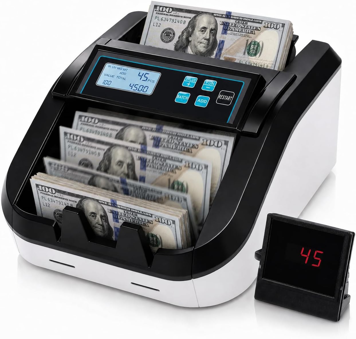 H-308 Bill Counter Money Counter Machine – Batch Mode, Banknote Counter with LCD Display, UV/MG/IR Detection, Value Count/Add+Value/Add+Batch Mode, 1100 Pcs/Mins, Only Supports USD Detection