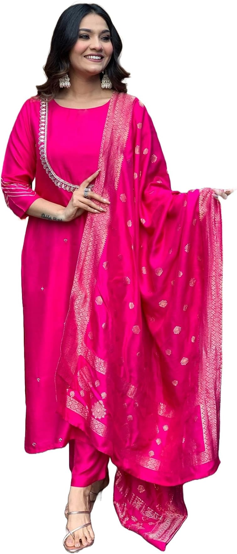 GoSriKiWomen's Silk Blend Straight Embroidered Kurta with Pant & Dupatta