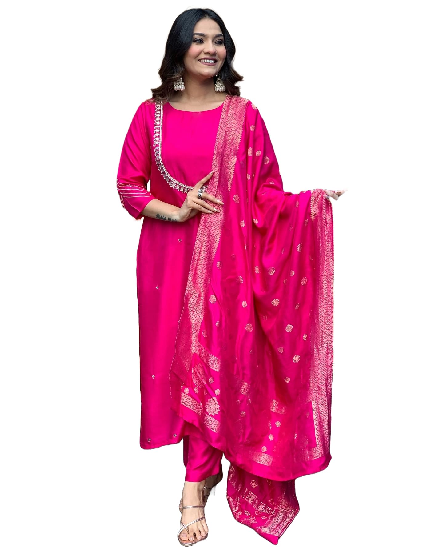 GoSriKiWomen's Silk Blend Straight Embroidered Kurta with Pant & Dupatta