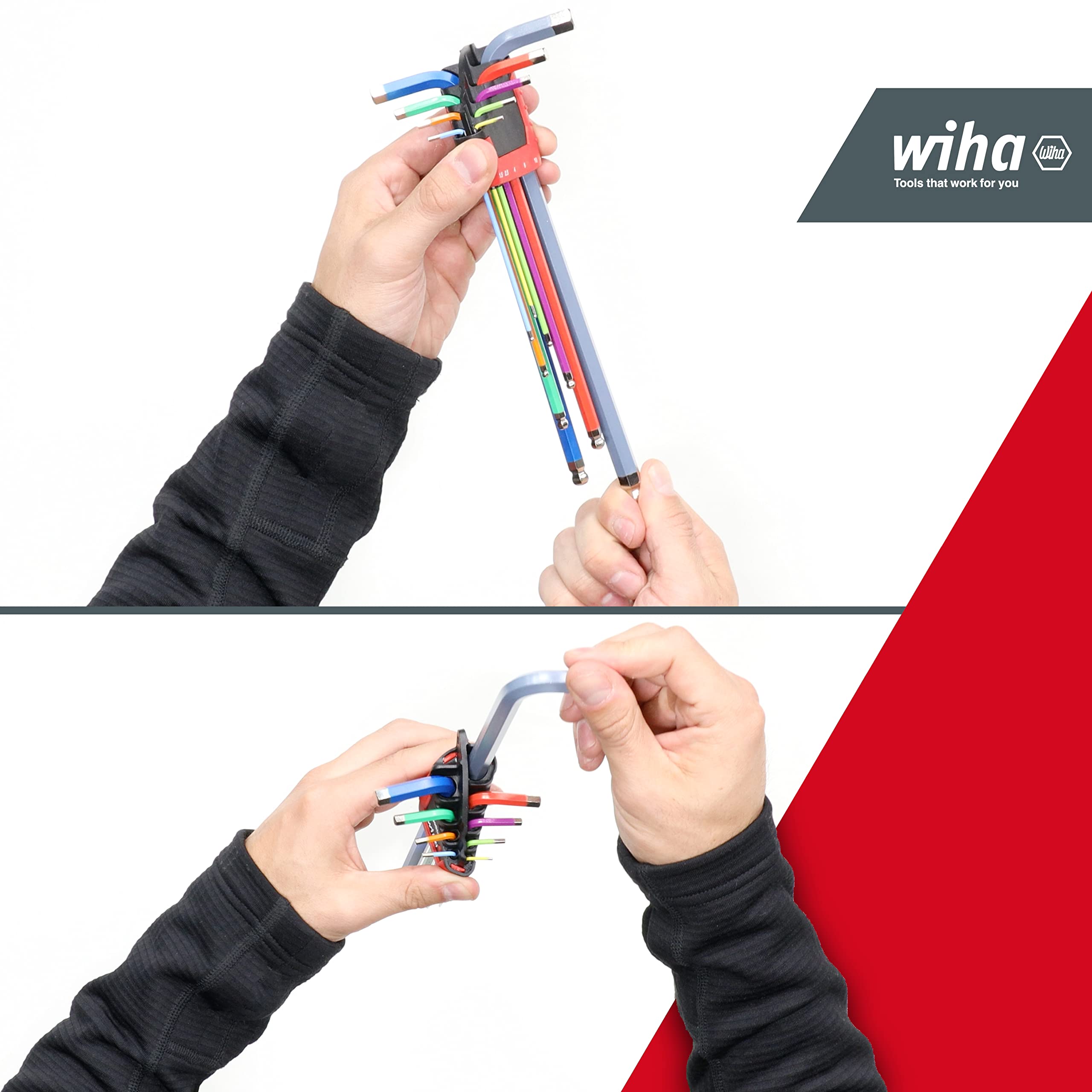 WIHA Juego de llaves Allen en soporte ErgoStar Cabeza esférica hexagonal MagicRing®, de 10 unid., en colores luminosos (43850)