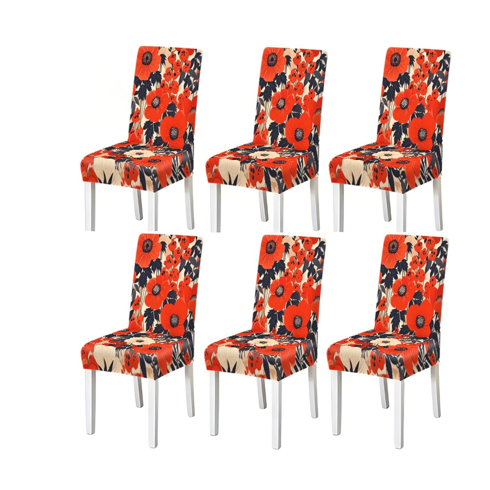 BOSUYBN Red Poppy Floral Pattern Print Dining Chair Covers Set Of 2/4/6, Stretch Slipcovers For Dining Room Furniture Protectors for Home Dining Room(6PCSChair cover)