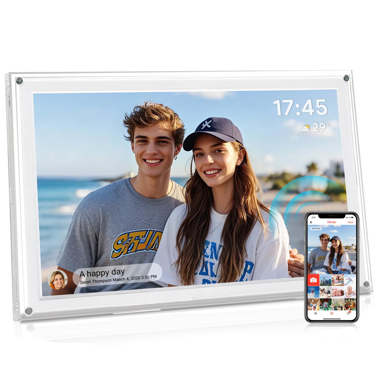 Digitaler Bilderrahmen, 15,6 Zoll schlankes Acryl Frameo Digitaler Fotorahmen mit WLAN, 32 GB, 1920 x 1080 IPS HD-Touchscreen, automatische Drehung, Fotos und Videos von überall teilen