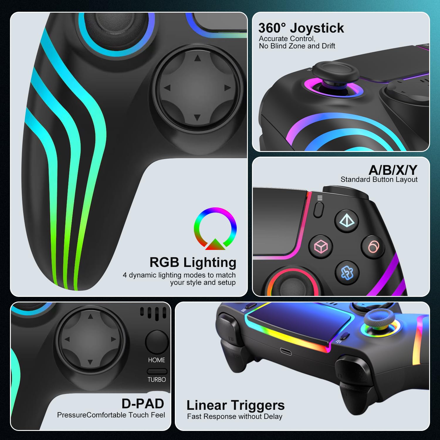 MINSWC For PS5 Controller Wireless, Compatible with PS5 Controller/Windows PC,/Android/iOS,with RGB Lighting Black - Image 4