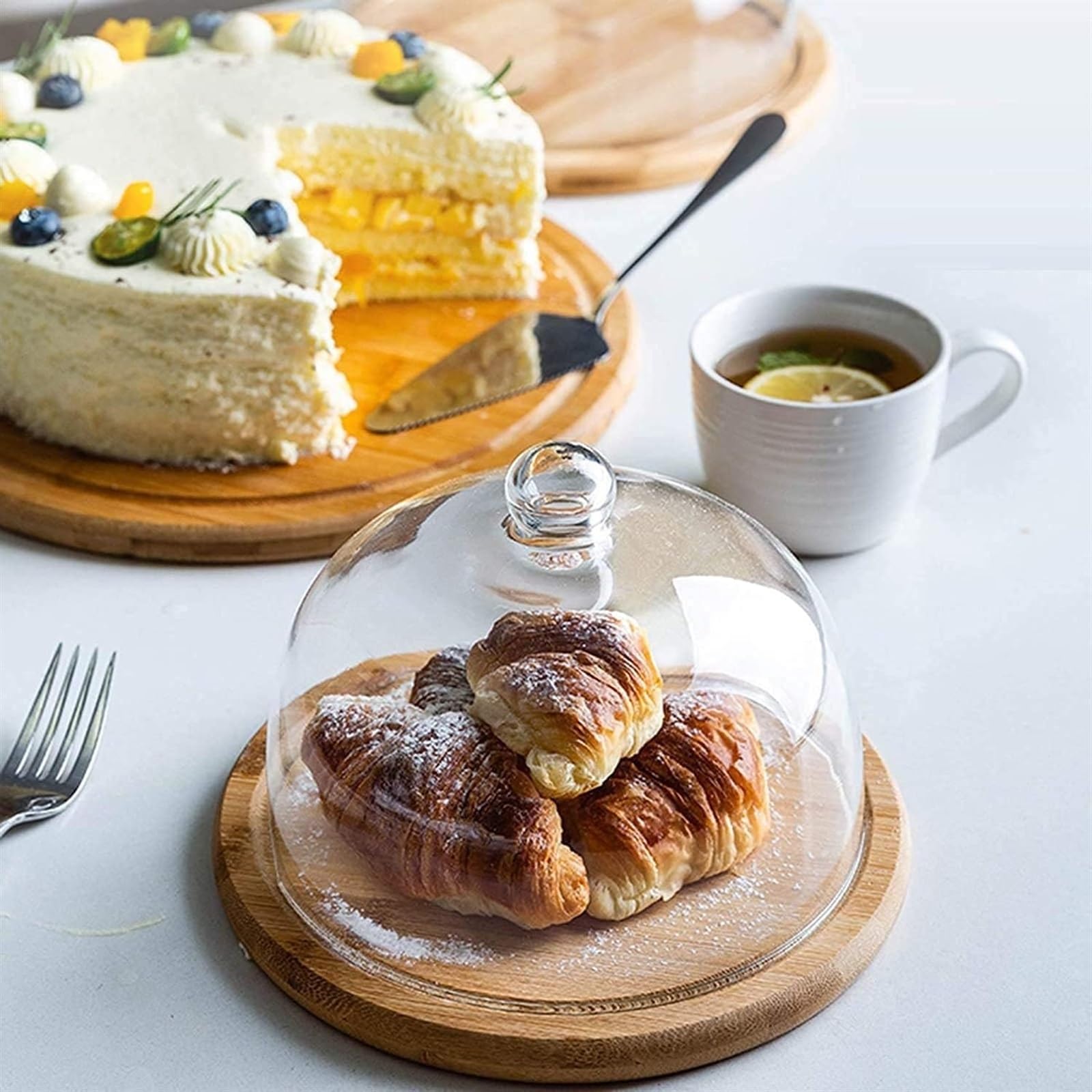 CHFYIJYHM Kuchen-Aufbewahrungsbehälter mit Glaskuppel, Dessert-Probiertablett aus Holz, Glaskuppeldeckel, Sandwich-Pizzakuppel, Lebensmitteldeckel, dekoratives Serviertablett, Aufbewahrung(24cm) Küche, Haushalt & Wohnen