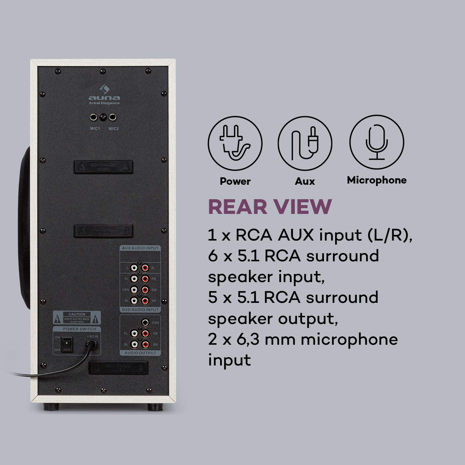 auna Areal Elegance 5.1 Soundsystem - Lautsprechersystem 5.1 Heimkinosystem mit 190 Watt RMS, Heimkino mit 5" Subwoofer, 5 x Satelliten-Lautsprecher (3"+5"), Bluetooth, USB/SD, helle Holzoptik
