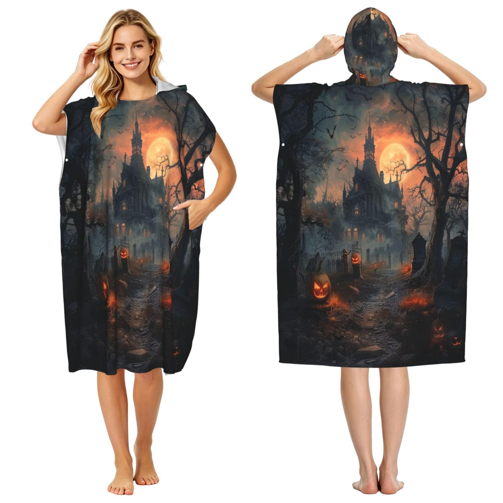 DTHKJNLSF Halloween Adult Hooded Beach Poncho Towel