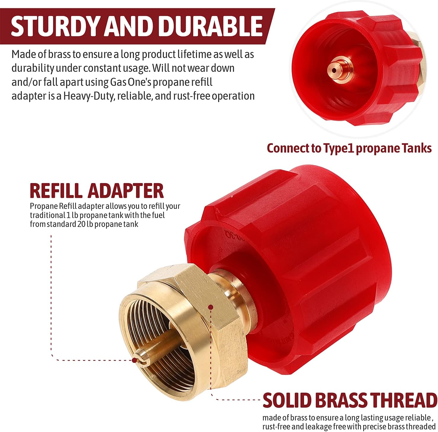GasOne Propane Refill Adapter - Fill 1lb Propane Tank from 20lb Propane Tank - Red