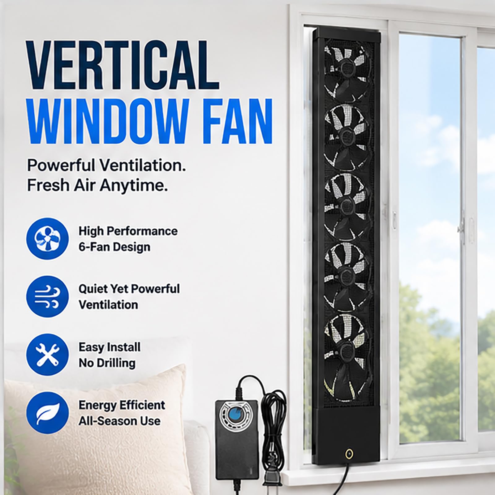 Ventilador de ventana para ventanas correderas, ventilador de entrada y escape vertical con flujo de aire reversible, ventilación retráctil sin herramientas para el hogar, dormitorio, white 95-105cm