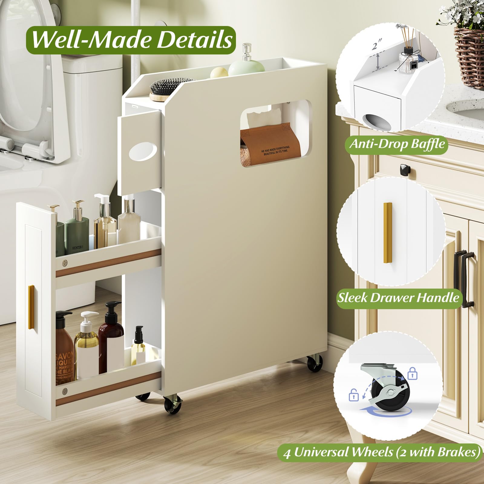 LIFEZEAL Meuble de Salle de Bain, Petit Armoire de Toilette Rangement Étroit Roulant avec Porte-Papier, Porte-Brosse et Tiroir, Meuble de Rangement Gain de Place pour Salon, Salle de Bain (Blanc)
