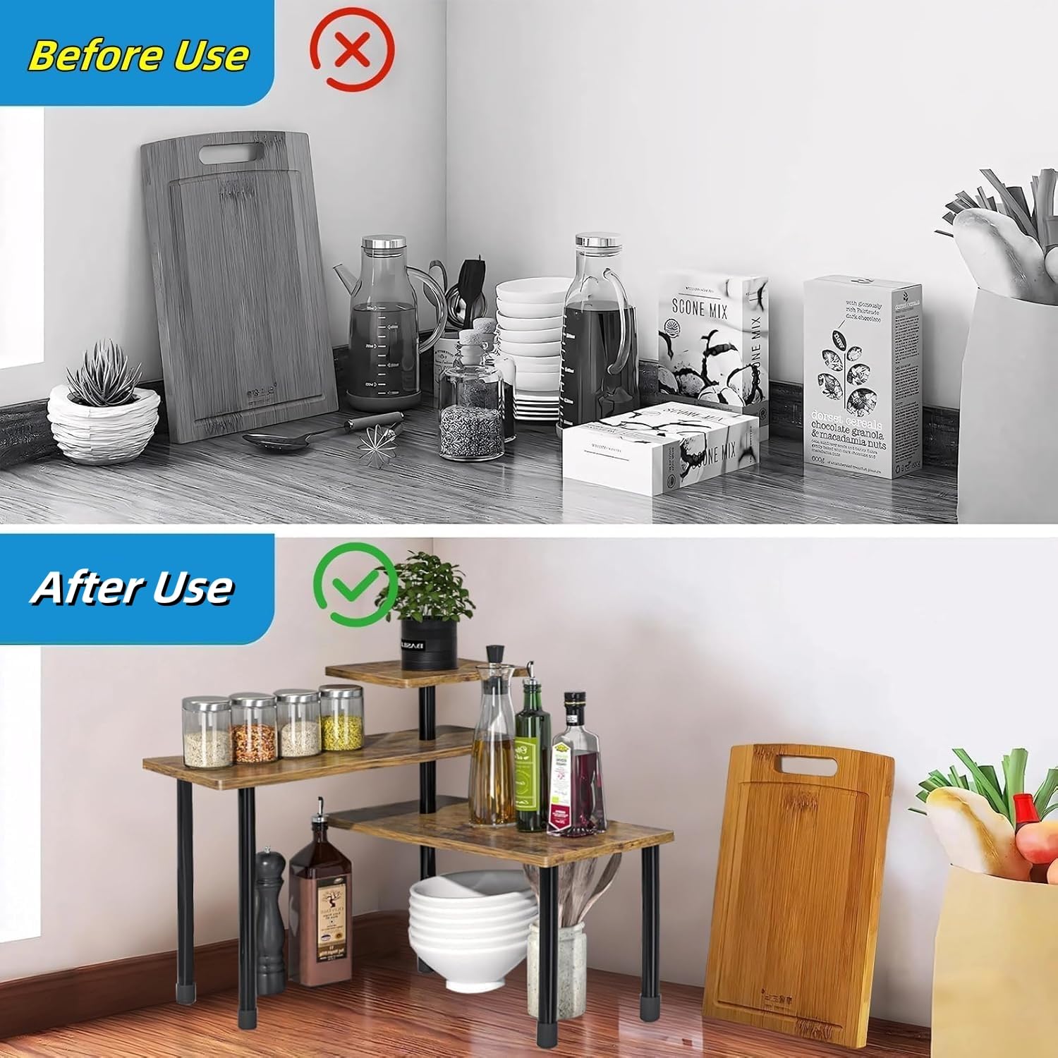 SOONHUA Mensola Scaffale Angolare per Cucina, 3 ripiani, con 4 ganci laterali, orientamento regolabile, salvaspazio, ripiano da cucina, piano di lavoro per cucina e zona caffè