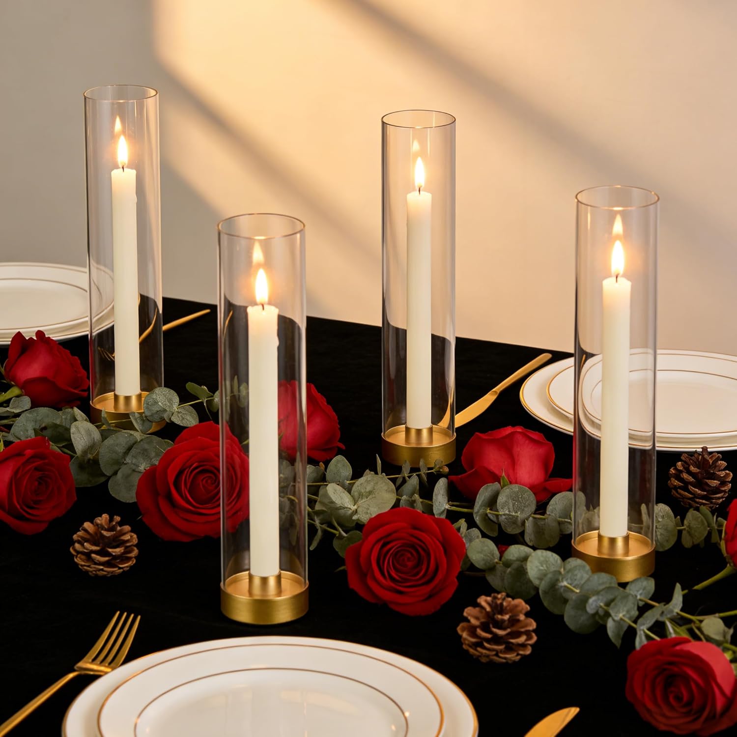 Hurricane Candle Holders Golden Taper Candle Sticks Holder, with 11" Thickened Glass Cylinder Covers Tall Candlesticks Holders Bulk Set of 4, Dining Table Centerpiece for Wedding