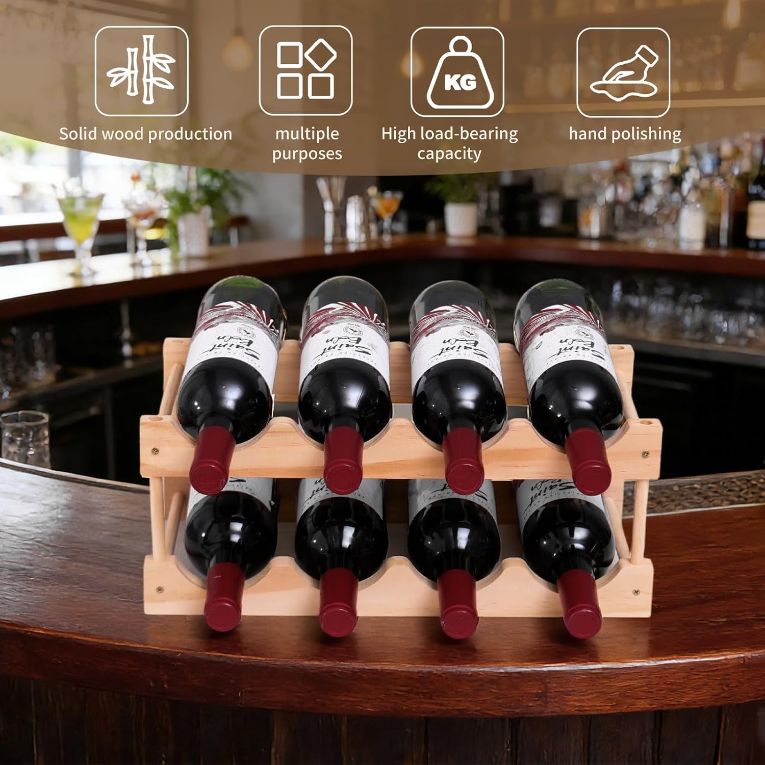 Wooden Wine Rack, countertop Wine Rack, 8-Bottle Stackable Wine Storage Rack, DIY Assembled Wine Holder, Used in Kitchens, countertops, etc (2 Layers with 8 Bottles)