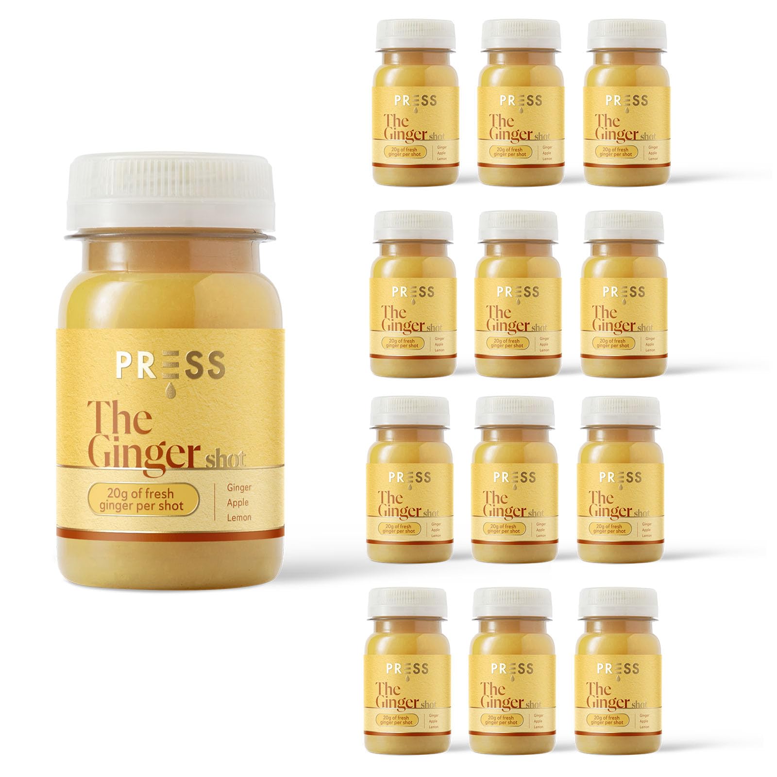 PRESS Healthfoods, Ginger Shots – 12 x 100 ml-Pack Immune Boosting Natural Energy Drink with 100% Natural Ingredients, Fresh Ginger, Lemon, Apple & Cayenne, Boost Immune System Health