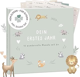 mintkind® Mein erstes Jahr Babyalbum Salbei – sanftes Babytagebuch mit 176 Seiten und Sticker-Set für ruhige Erinnerungen im ersten Lebensjahr, hochwertiges Hardcover 21 x 21 cm