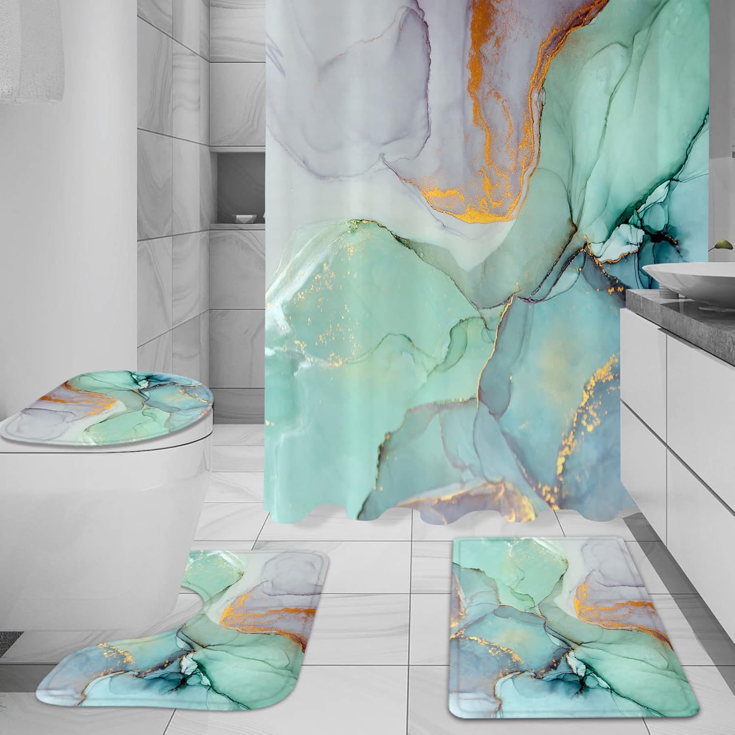Gibelle 4 Pcs Shower Curtain Set with Non-Slip Rugs Toilet Lid Cover and Bath Mat, Green Marble Bathroom Decor Set with Accessories - Image 2