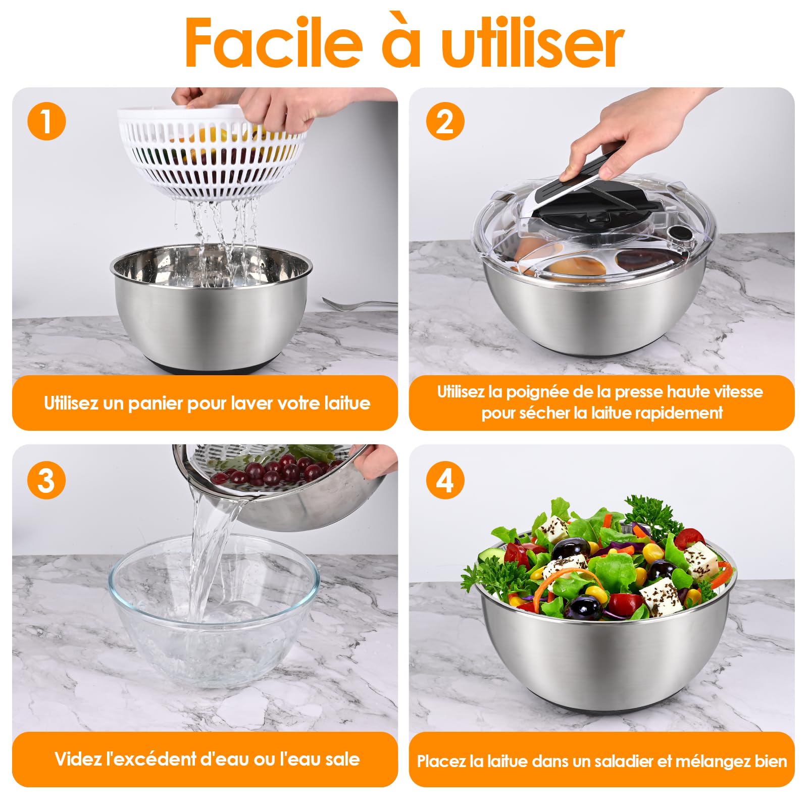 Essoreuse À Salade en Acier Inoxydable 4,5L, Saladier avec Couvercle Et Base Antidérapante, Essoreuse À Salade INOX Idéale pour Égoutter Légumes Et Pâtes