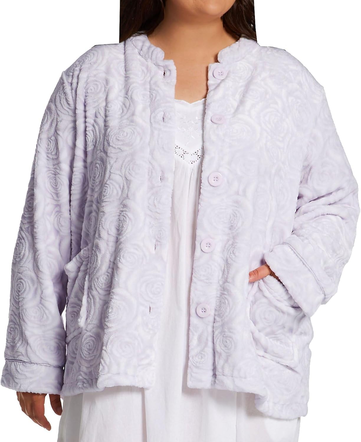 LA CERA Women's Fleece Rose Sculptured Bed Jacket with Mandarin Collar, Long Sleeves, Front Pockets & Button Closure
